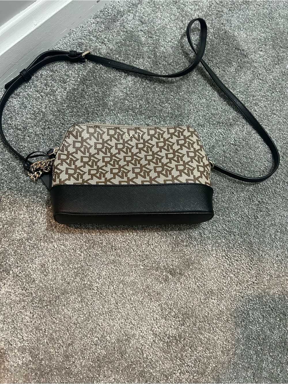 DKNY Beige Monogram & Black Trim Crossbody Bag